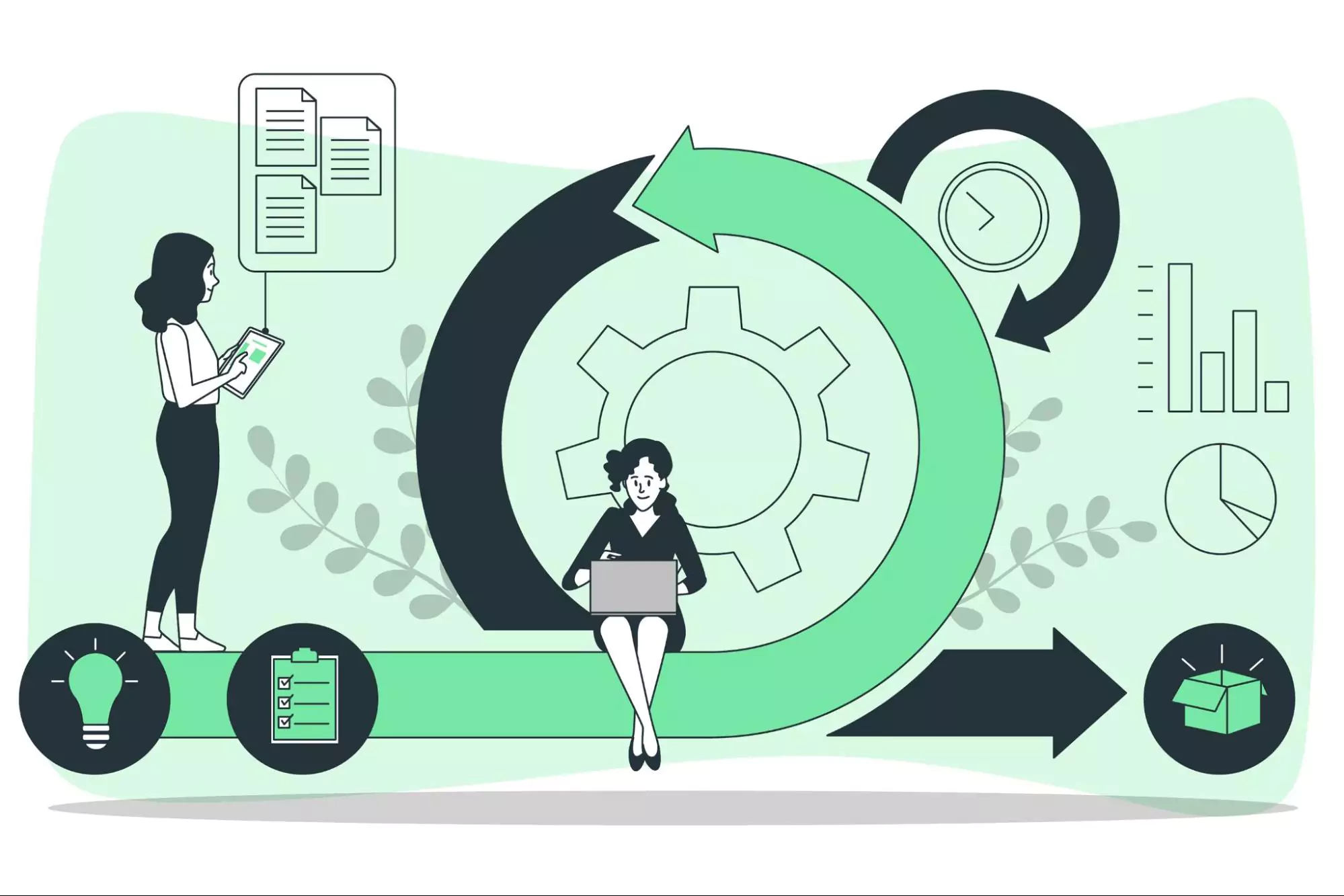 Illustration of two lady employees testing automation software.