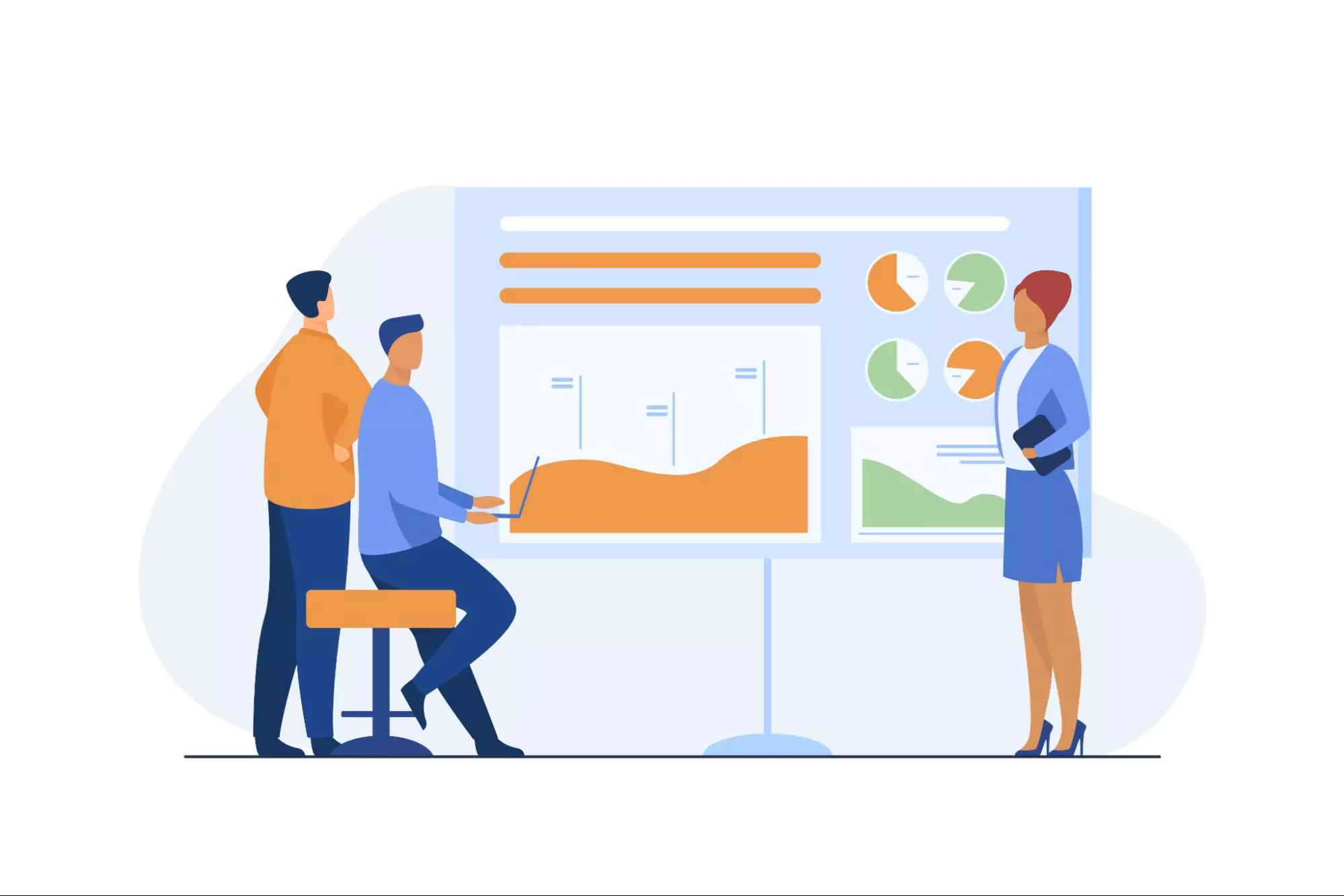 Illustration of a small business team looking at the dashboard of a project management system.