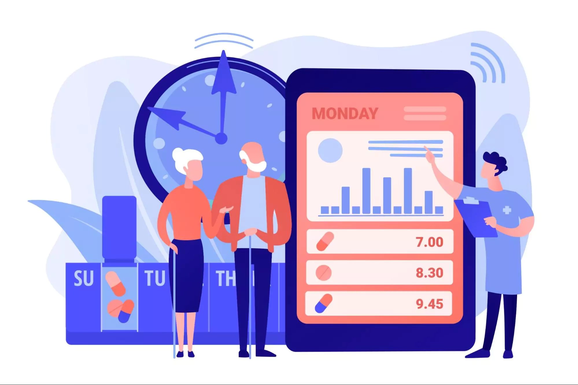 Illustration of a nurse showing an elderly couple a digital schedule with medication times, showcasing how the best time management apps can improve health routines and time tracking.