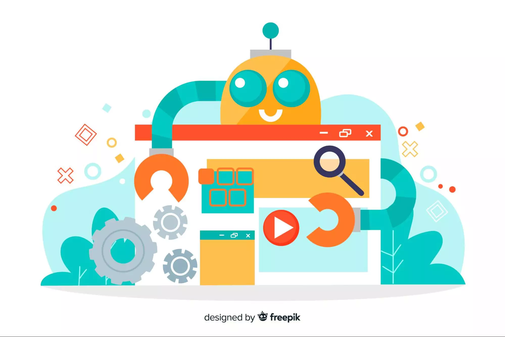 Playful illustration of a robot interacting with digital icons, a magnifying glass, gears, and charts, symbolizing the role of AI marketing tools in boosting efficiency and automation in marketing for small businesses.