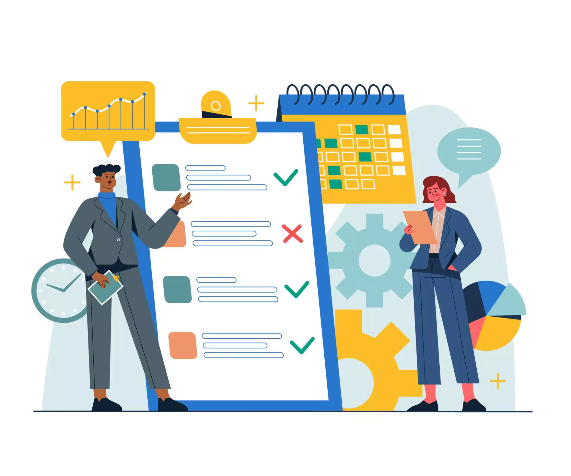 Illustration of two coworkers working with project scheduling software.