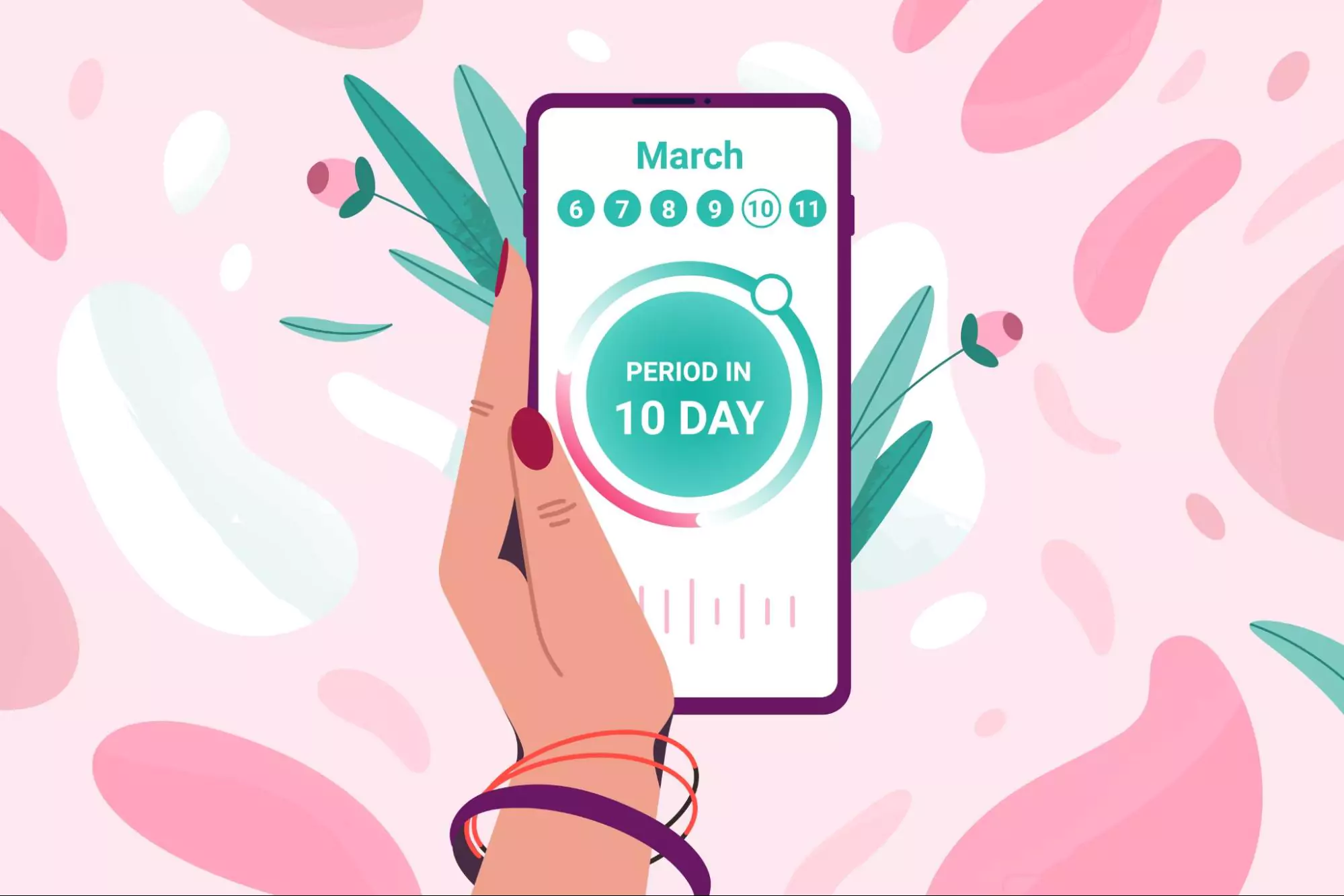 Illustration of a hand holding a smartphone with a period tracking app showing a countdown, symbolizing how health-focused features can be part of the best time management apps for women.