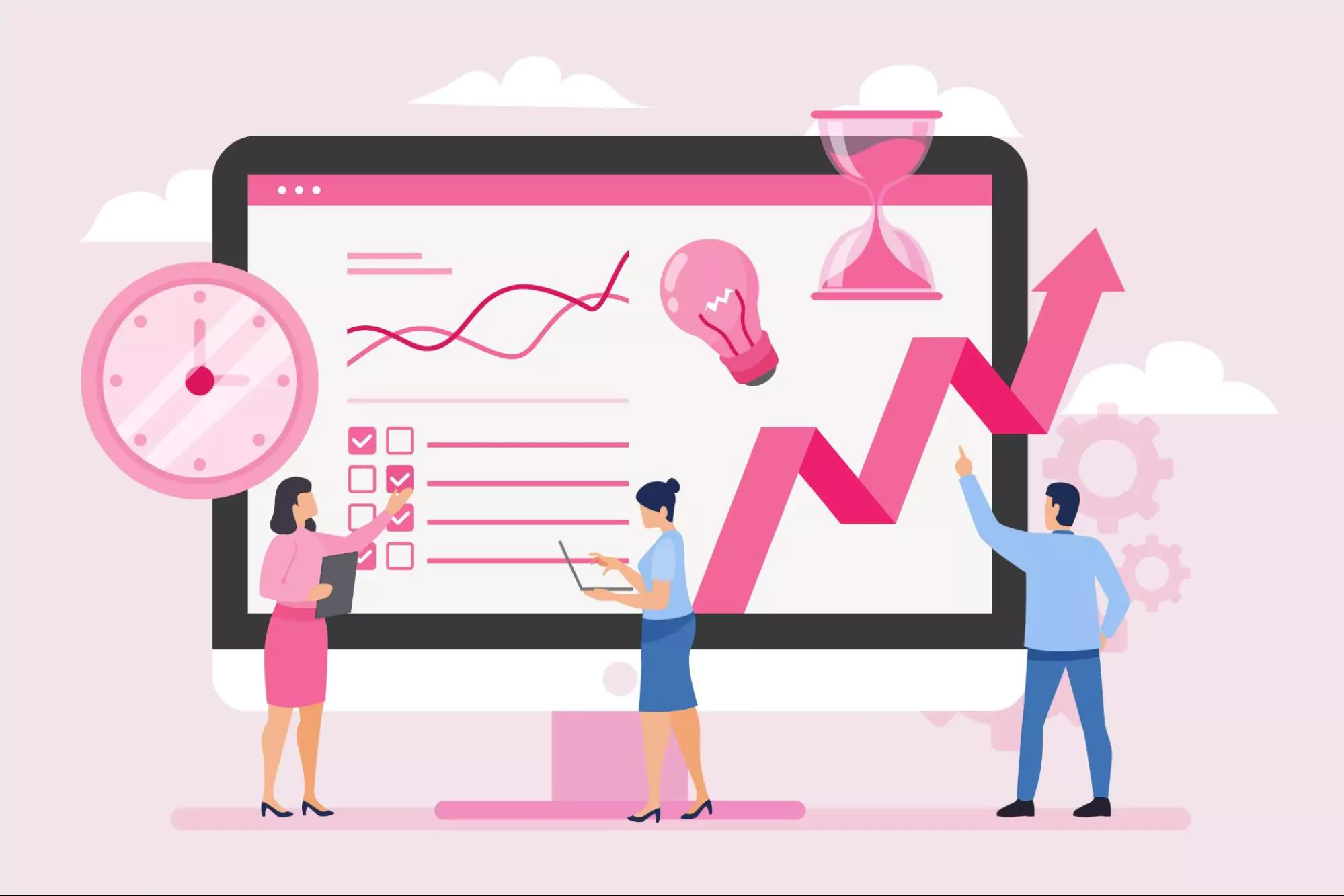 Illustration of three employees working on key performance metrics