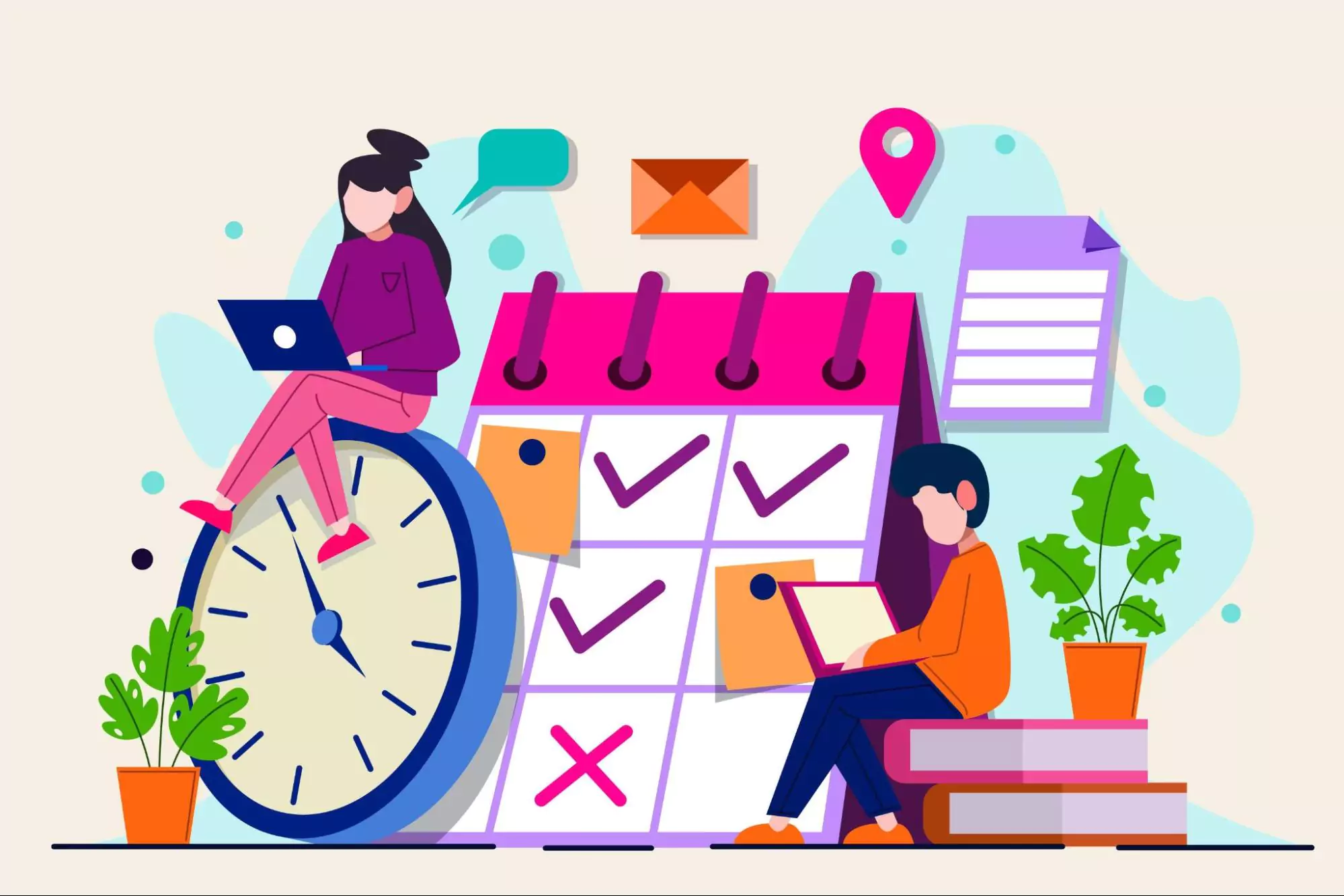 Illustration of two coworkers working on time planning and project scheduling tools.