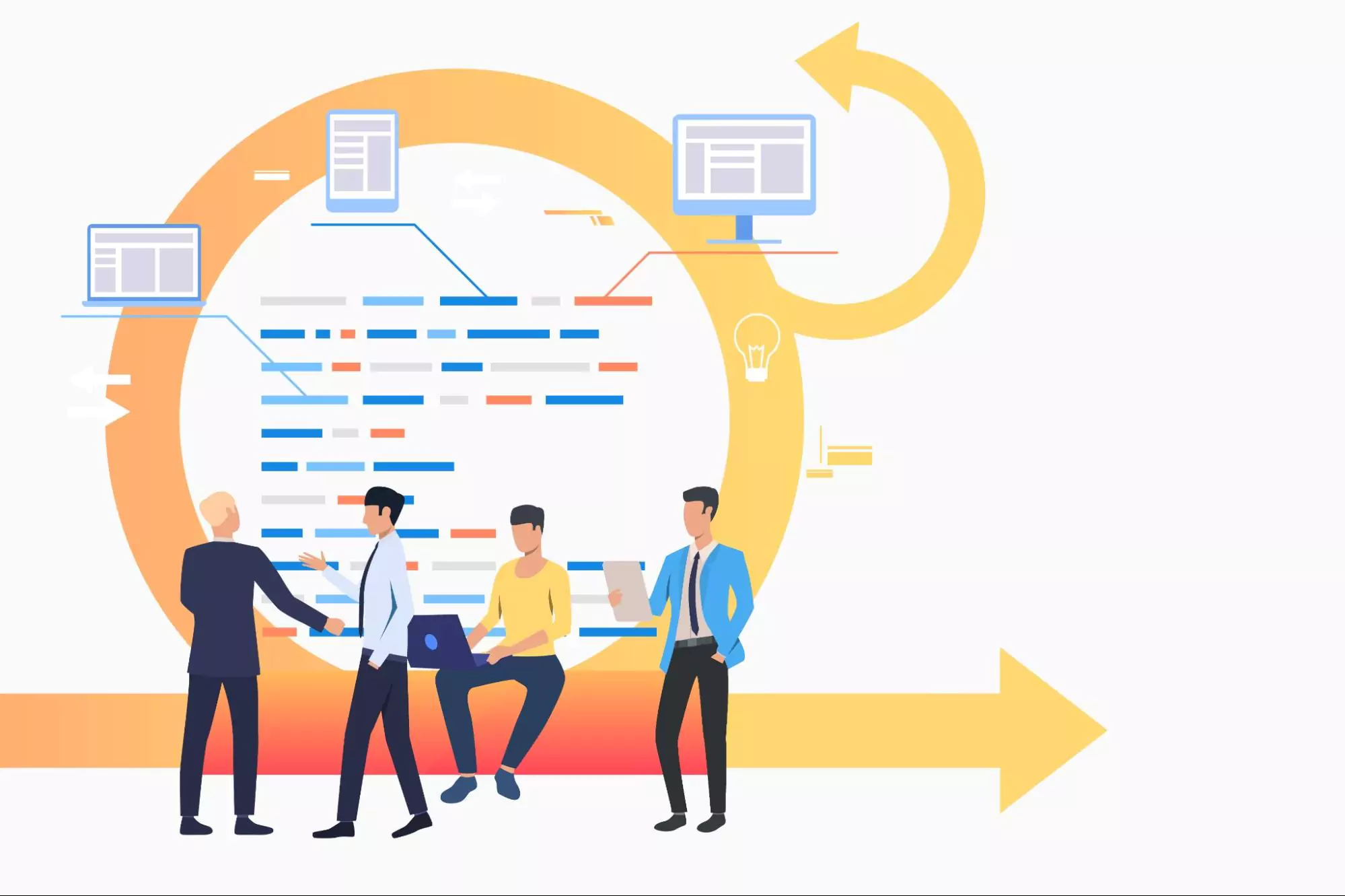People gather around a diagram illustrating project management methodologies related to computer systems.