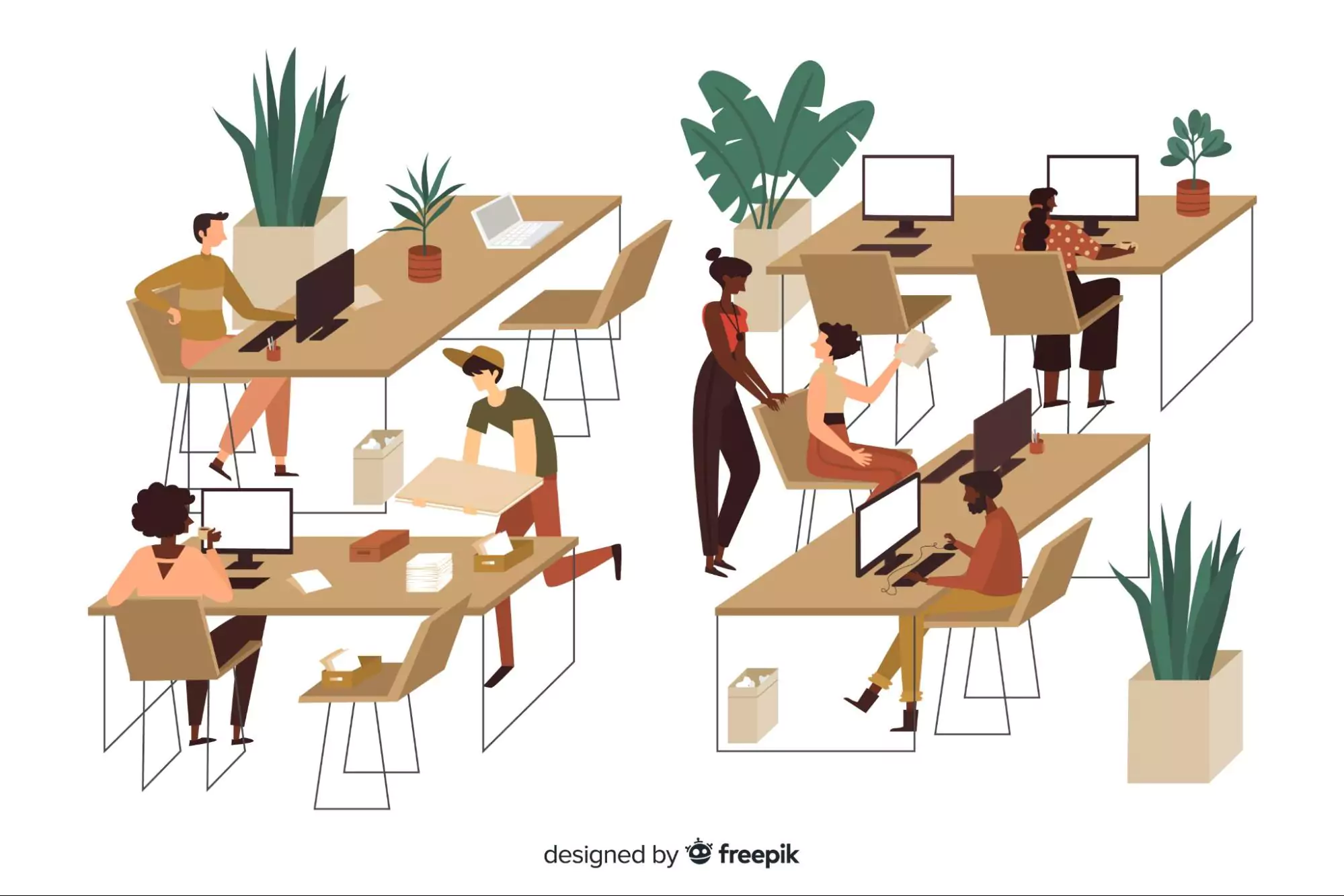 Illustration of a large collaborative workspace with many coworkers.