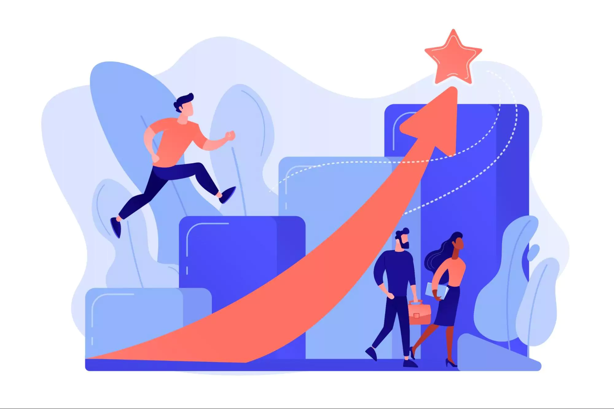Business professionals climbing a ladder towards a star, symbolizing aspirations for growth and scaling their business.