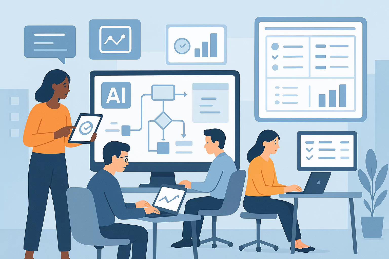 Illustration of a diverse team collaborating on an AI workflow and data analysis, showcasing teamwork and time saver methods through modern time management solutions.