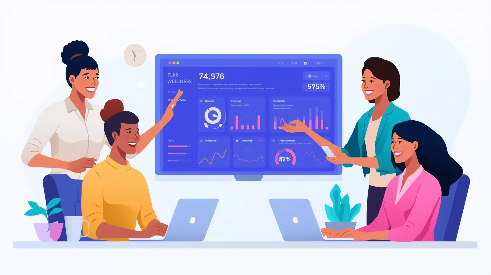 Modern workplace team using an AI-powered employee wellbeing dashboard.