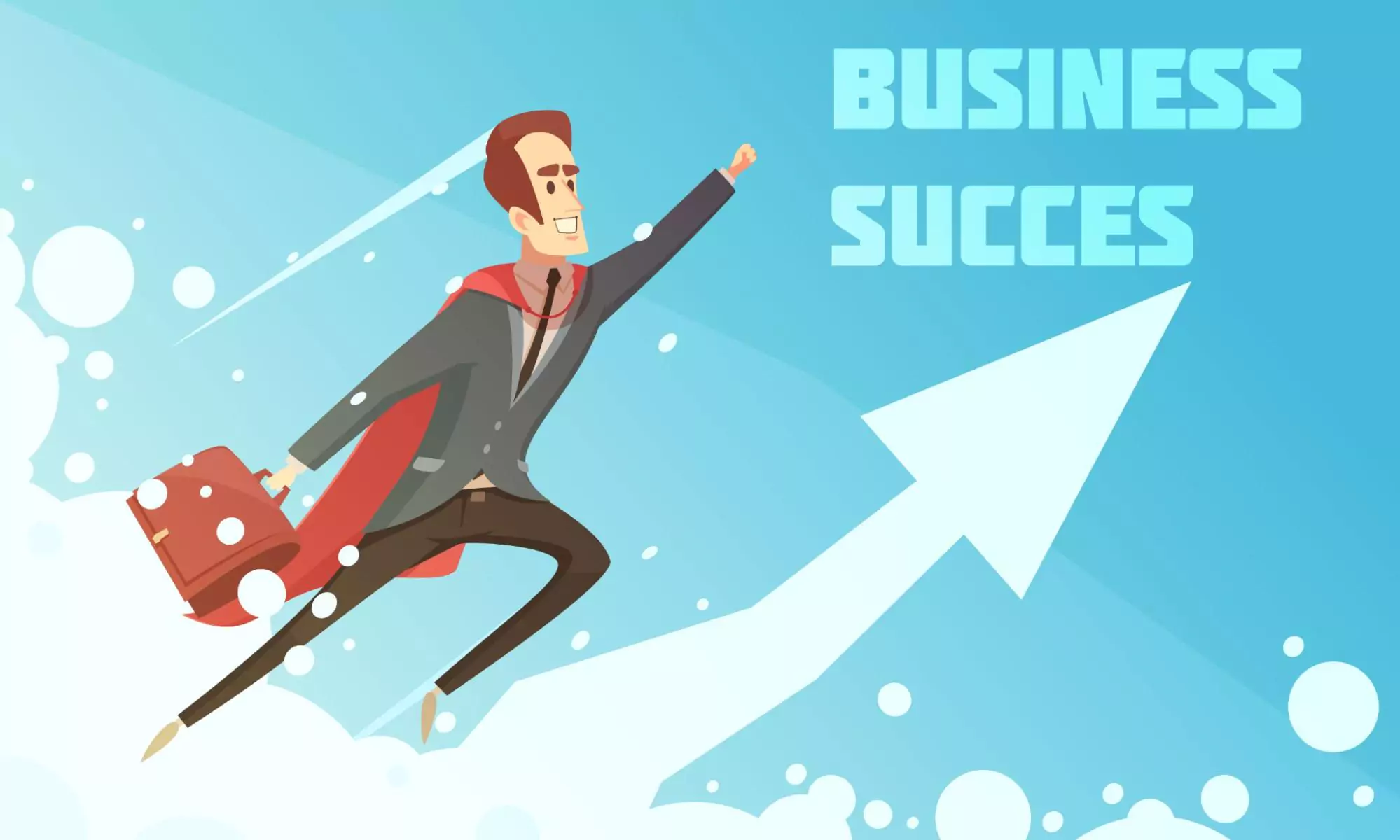 Superhero businessman flying toward success, illustrating motivation and innovative strategies for how to grow your business and achieve business growth.