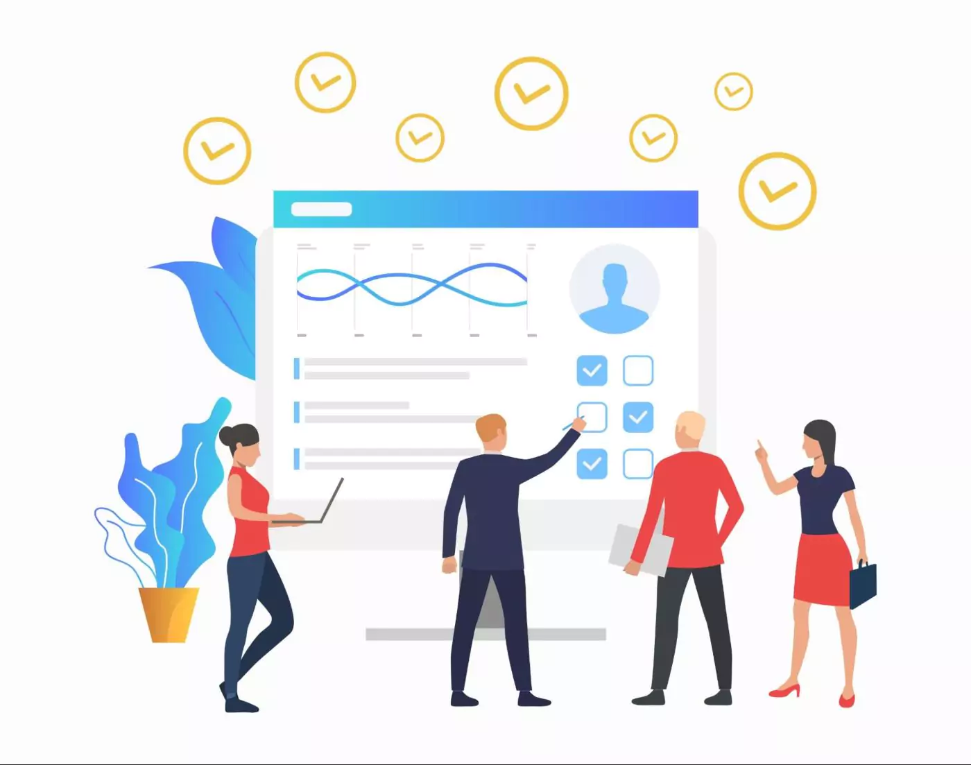 Illustration of professionals working on client management on the same platform