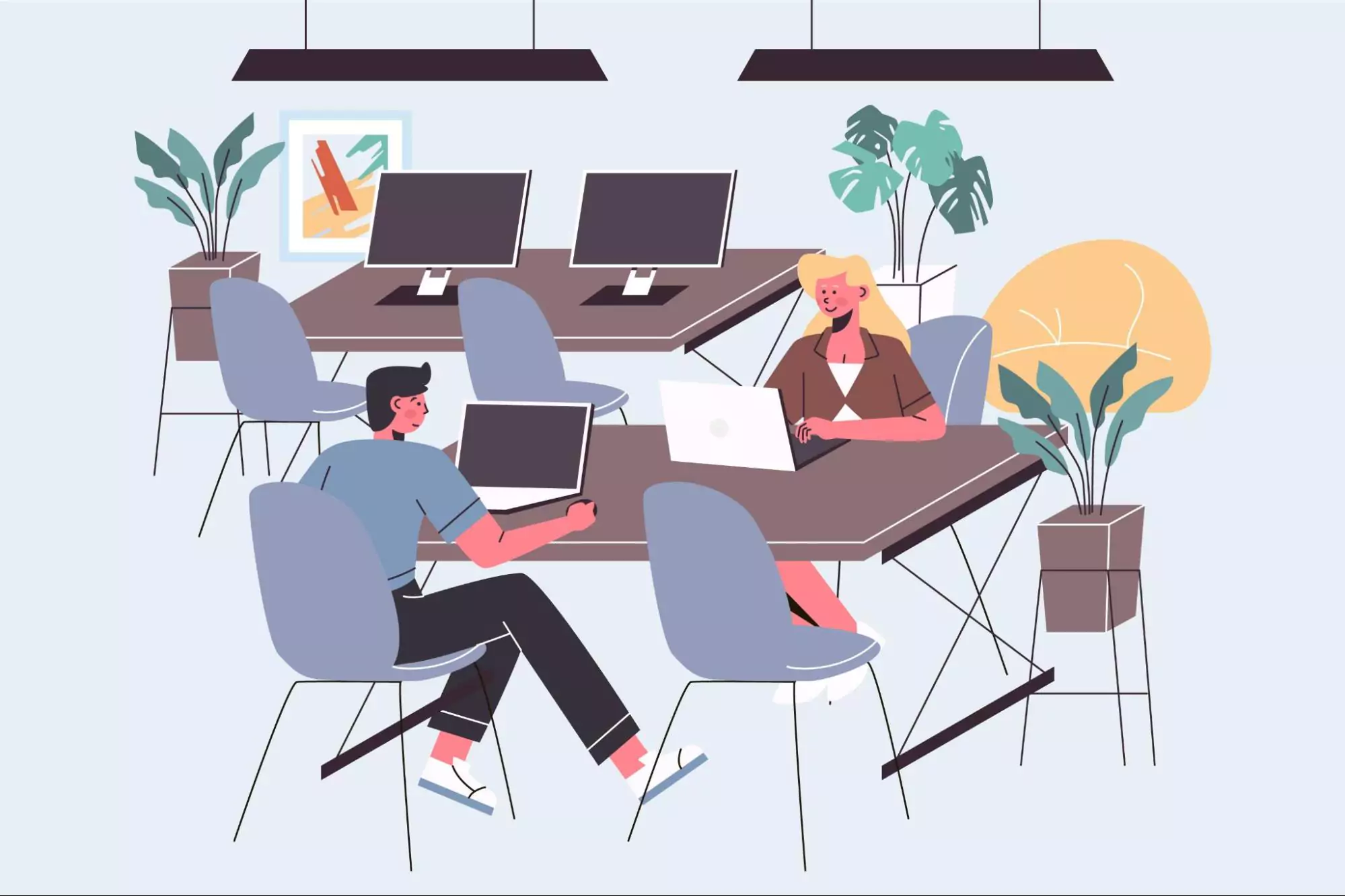 Illustration of two coworkers sharing the same collaborative workspace.