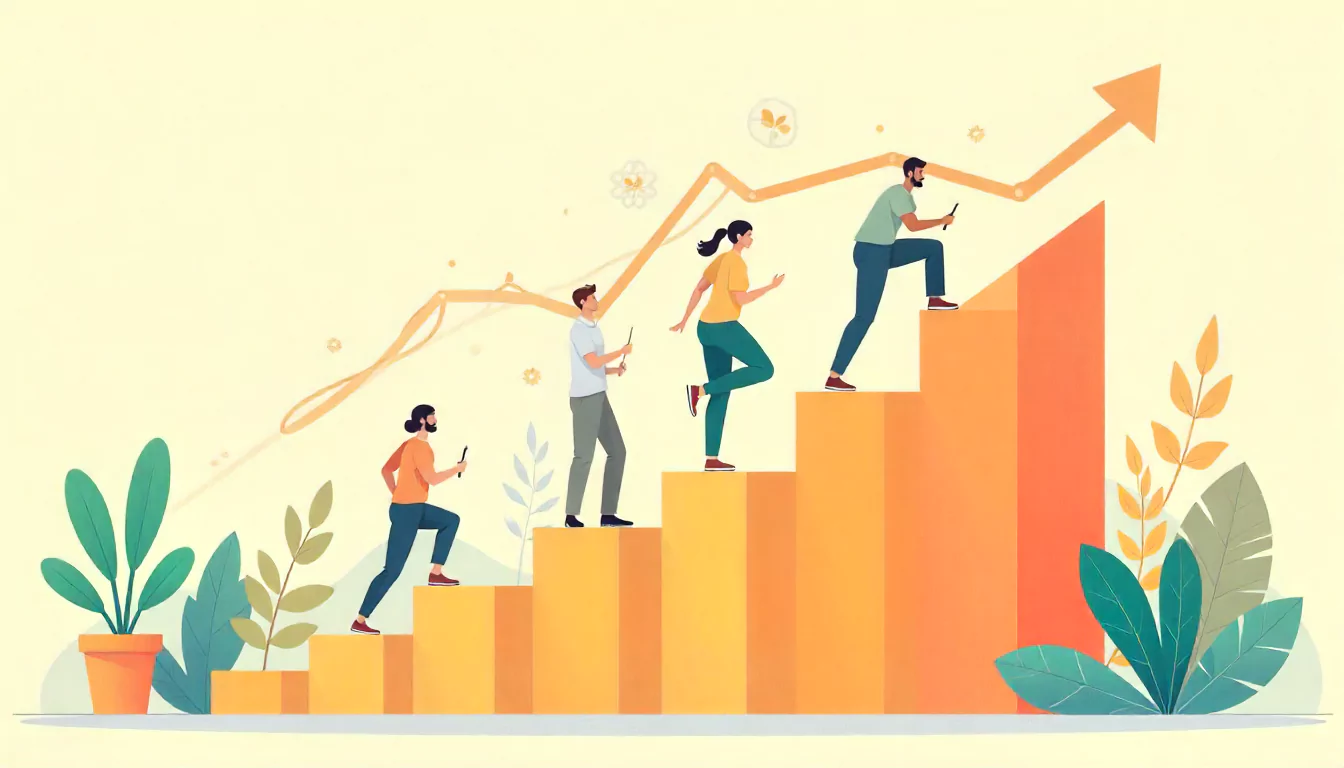 Vector illustration of a small business team achieving growth with balance, climbing growth chart bars with wellness elements.