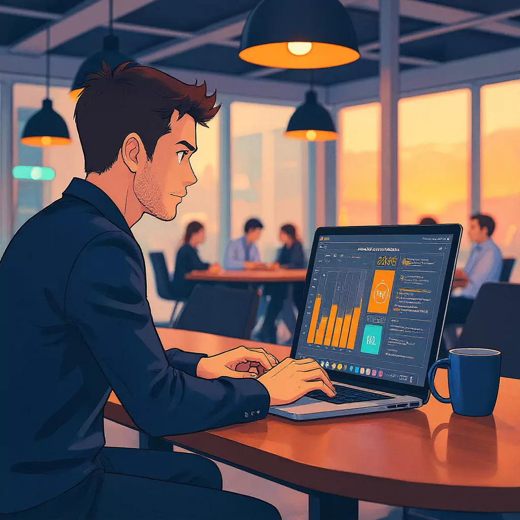 Digital agency professional working on a laptop with project scheduling software, analyzing Gantt charts, timelines, and dashboards in a modern office setting, illustrating agency productivity, workload management, and project planning.