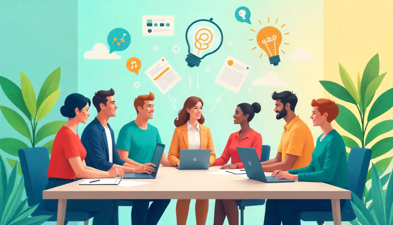 Vector illustration of a diverse team collaborating around a table with floating icons for ideas, charts, and documents, representing a collaborative culture.