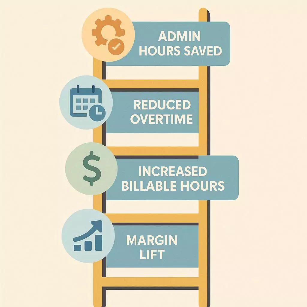 Infographic showing ROI of workforce management software with steps for admin hours saved, reduced overtime, increased billable hours, and margin lift for agencies and SMBs.