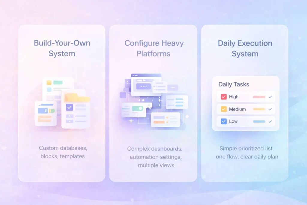 Infographic of three personal project management approaches: building custom systems, configuring complex platforms, and using a simple daily execution system.