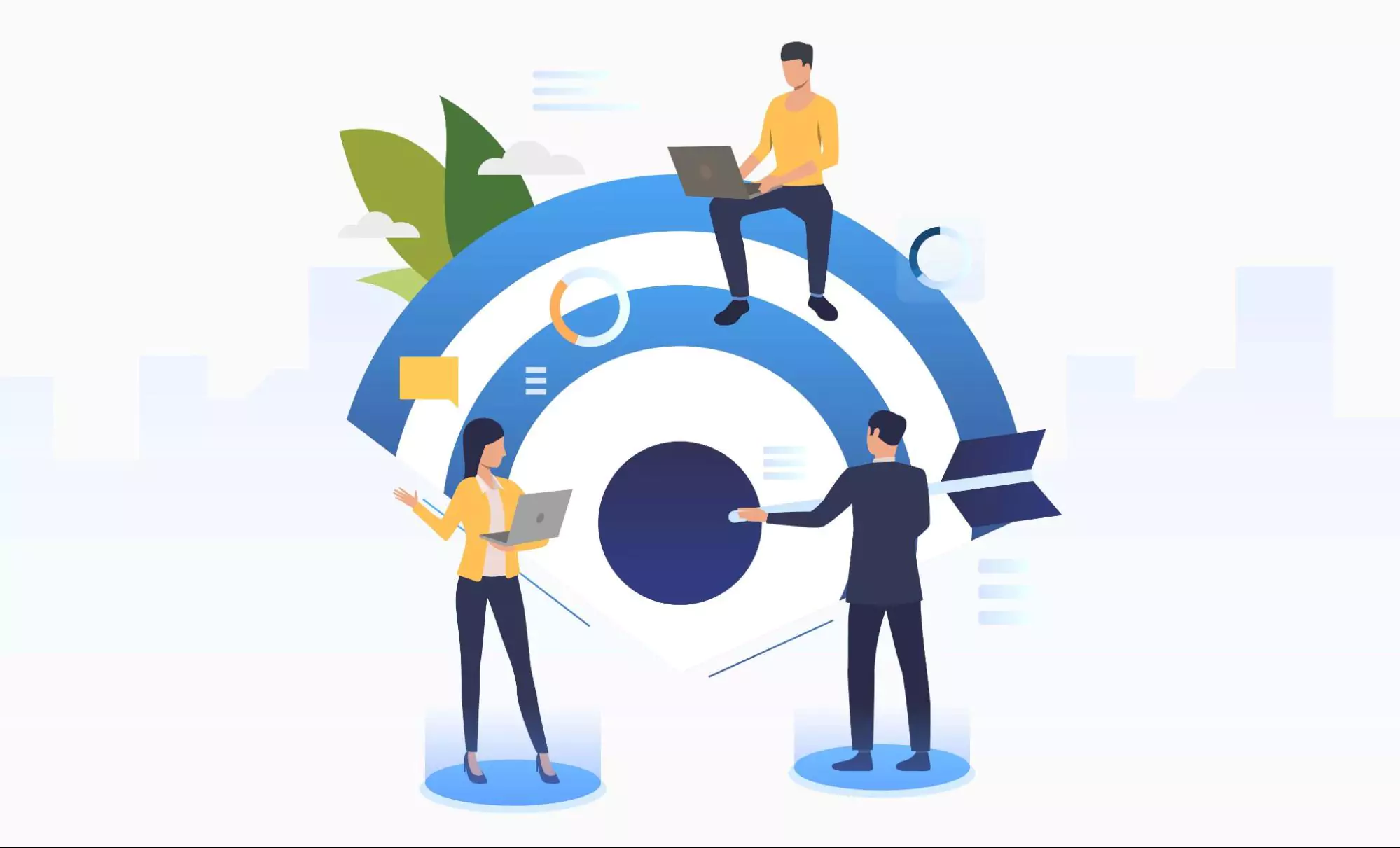 People collaborating on a laptop in front of a circular object, focusing on strategic execution.