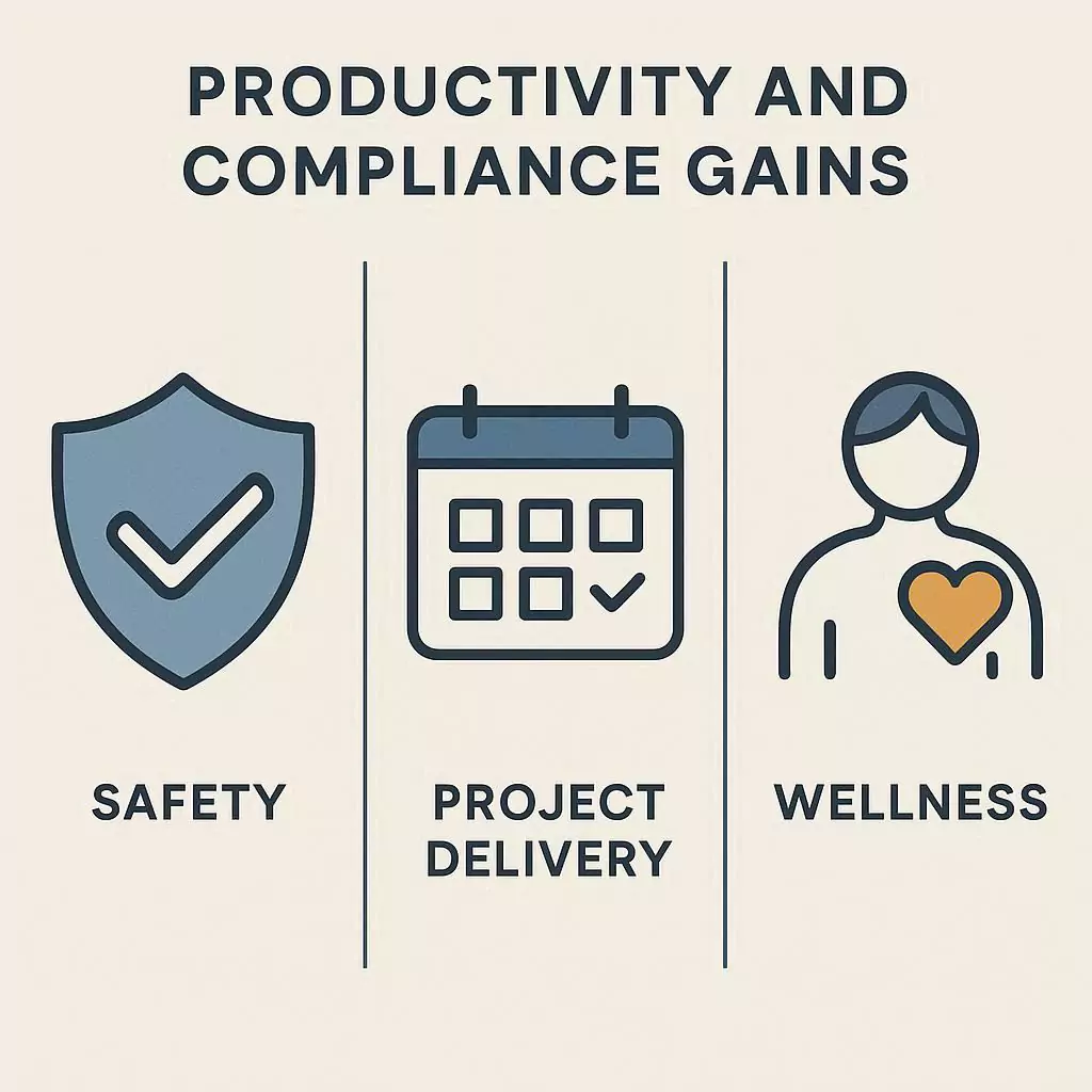 Visual showing productivity, compliance, and wellness gains for choosing the right work hub in 2025