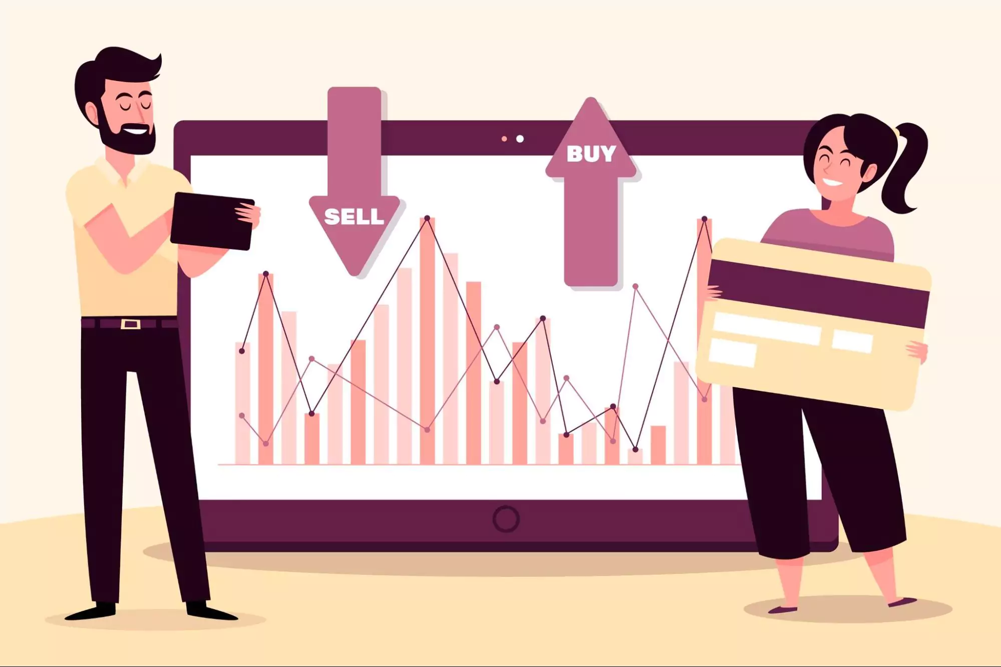 Illustration of two small business owners successfully using expense tracking tools.