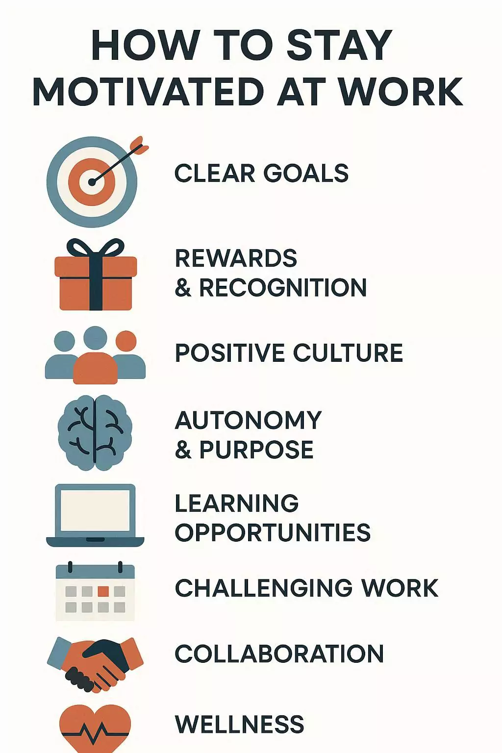 Infographic summarizing 10 strategies to stay motivated at work, including goals, rewards, culture, autonomy, learning, engagement, feedback, workload balance, motivation science, and values.