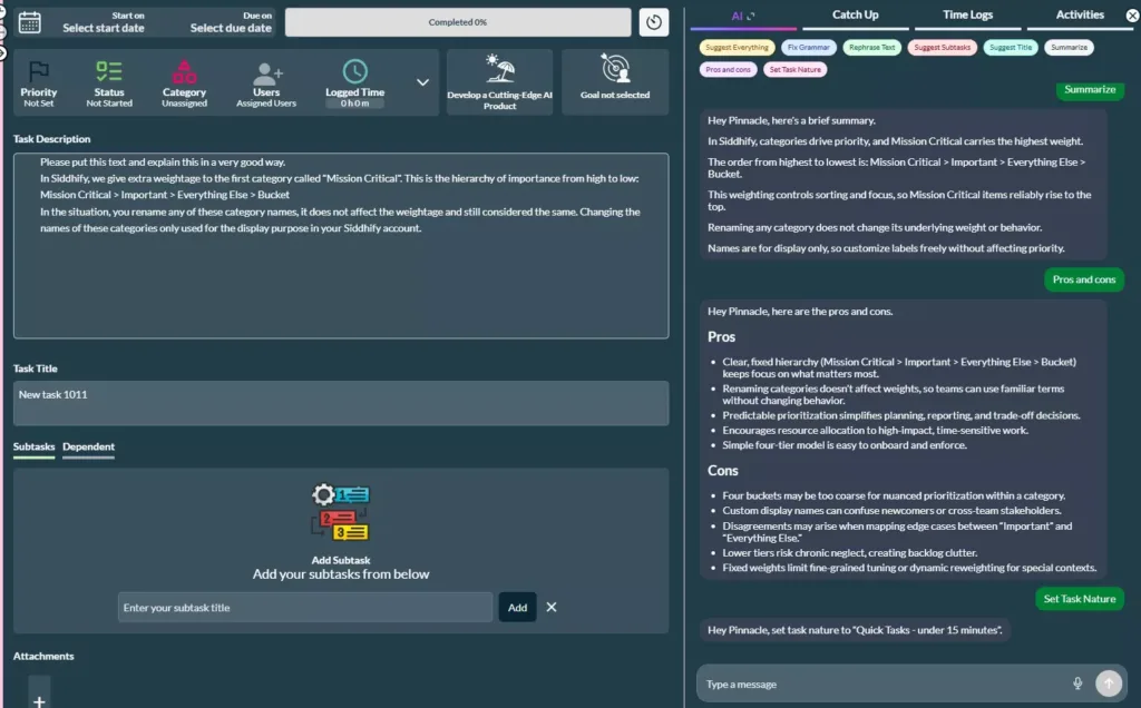 Screenshot of Siddhify's AI-powered features in task and project management.