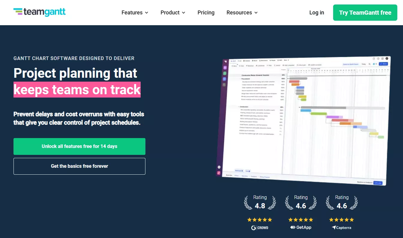 Screenshot of TeamGantt home page.