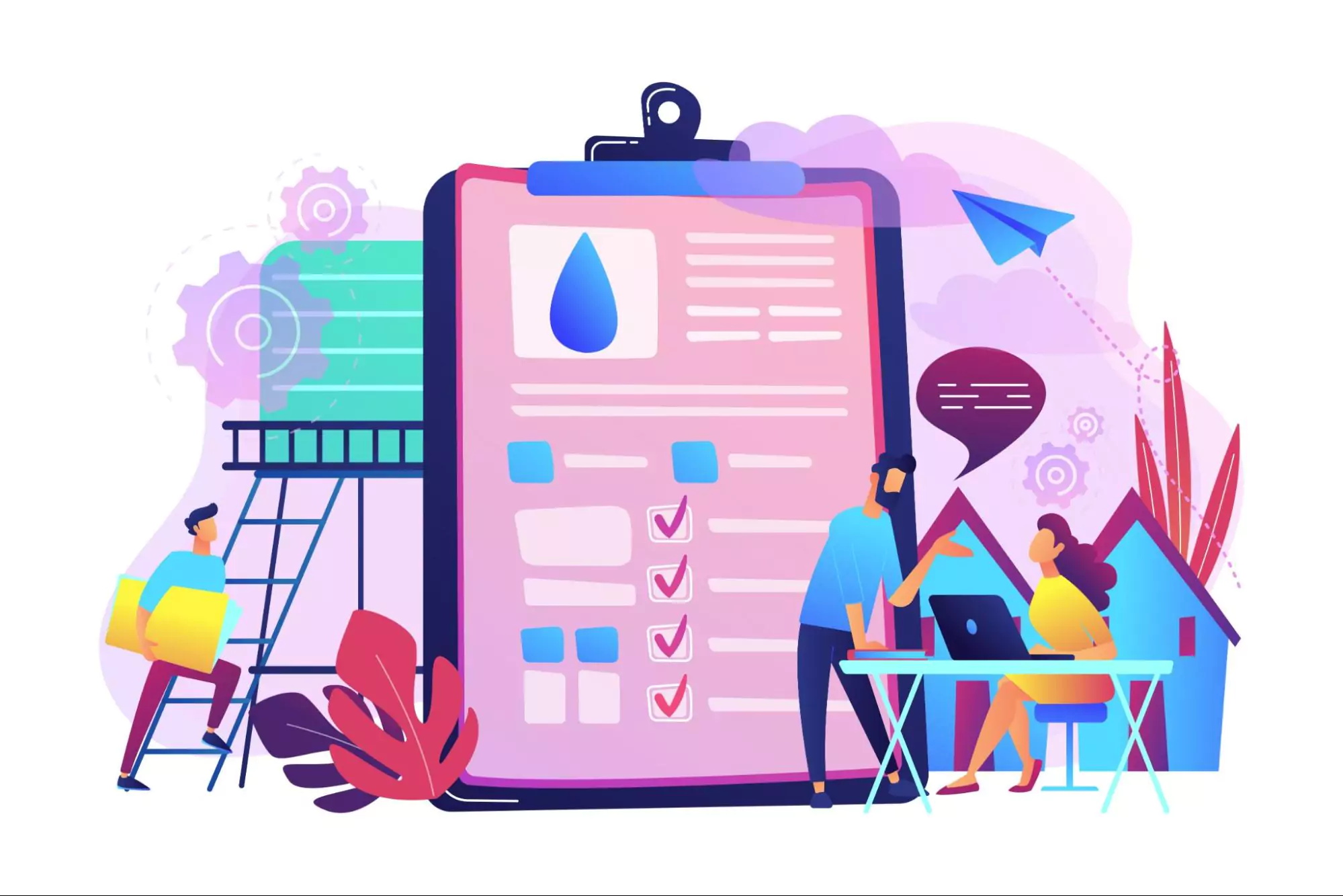 People collaborating in front of a giant checklist and task board, illustrating the project management process and how the best project management tools for small businesses support teamwork.