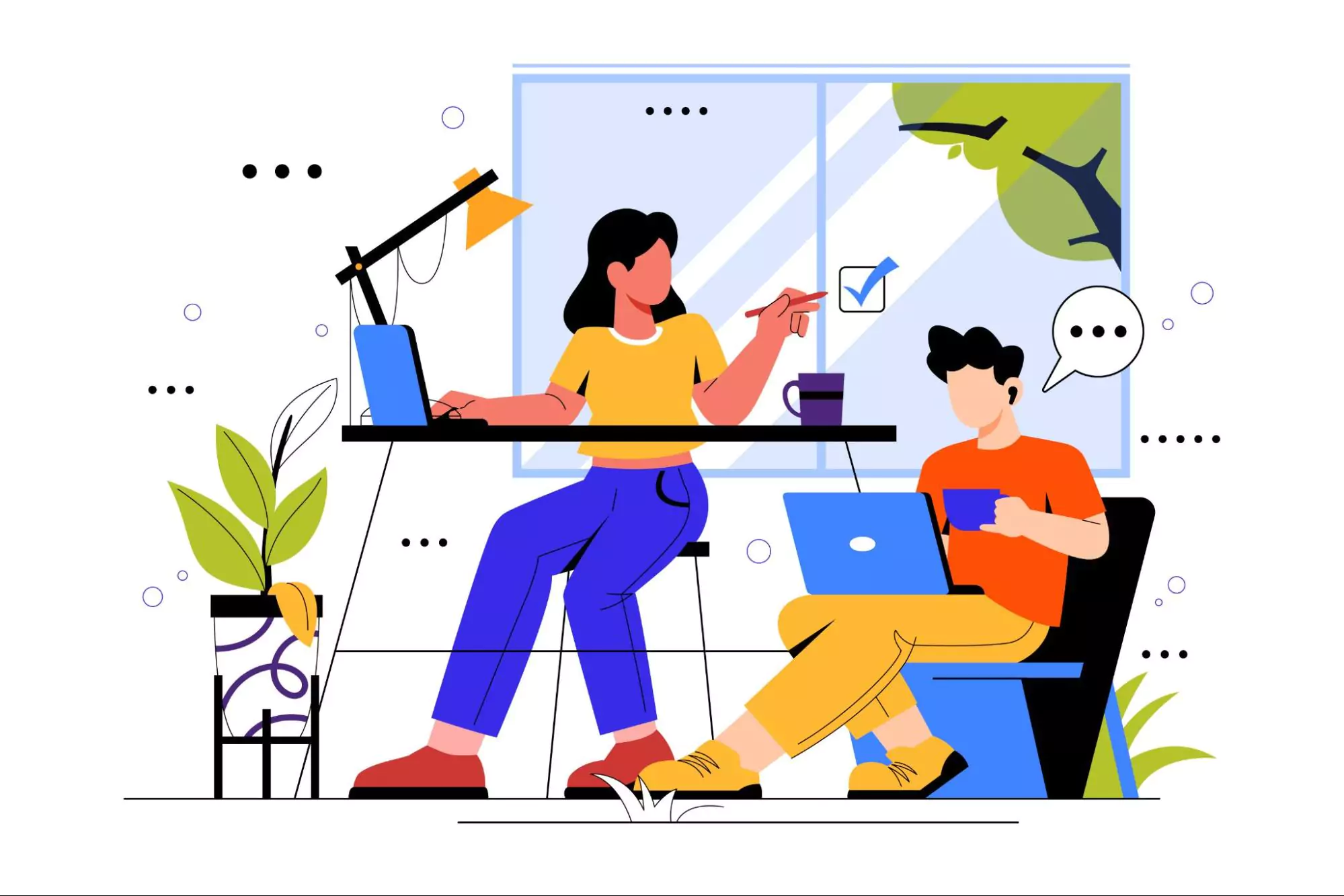 Illustration of a small agency with two employees working together on productivity.