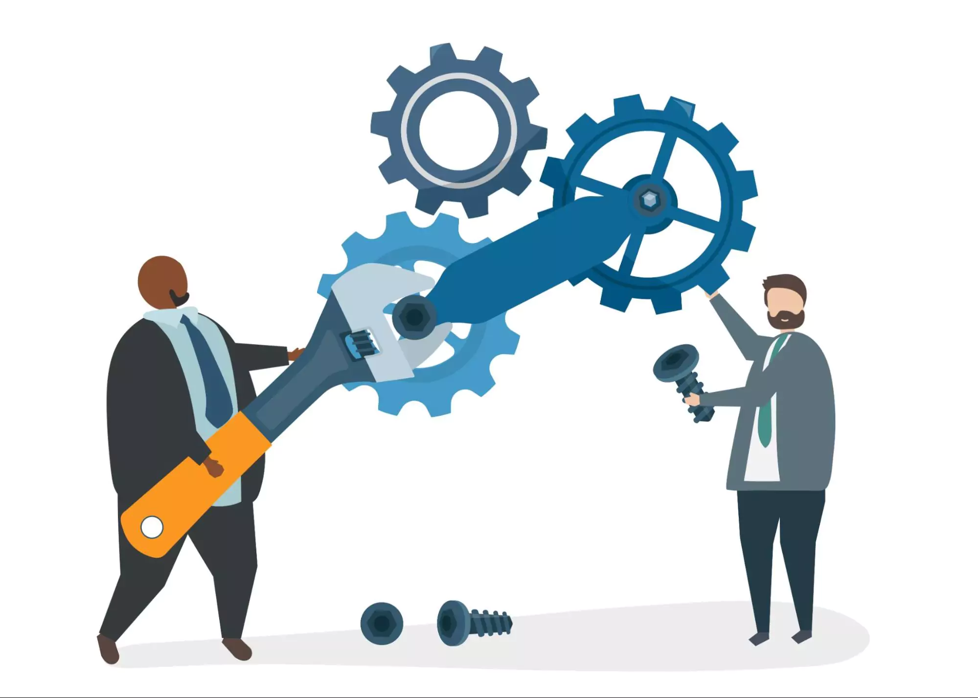 Conceptual illustration of two businessmen using a large wrench to adjust mechanical gears, representing the implementation of cutting-edge productivity methods and brain-based problem-solving techniques in modern workplaces.
