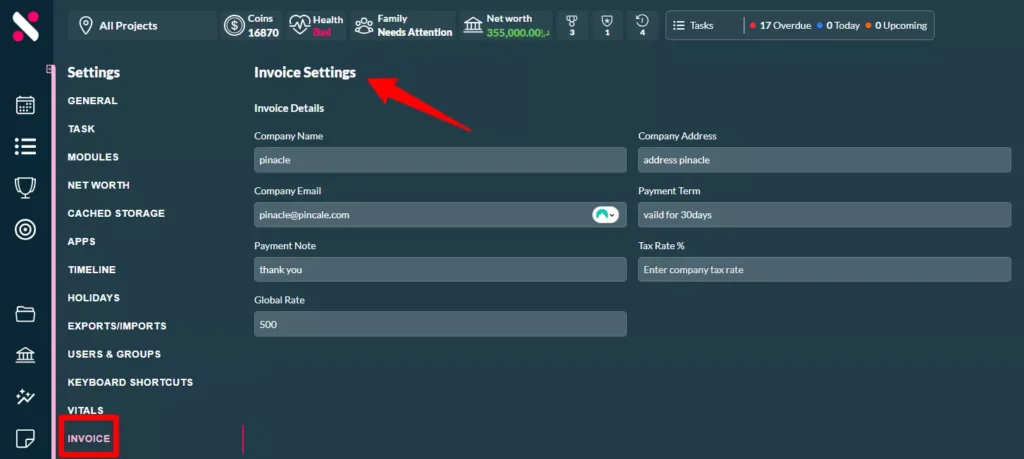 Screenshot of Siddhify's invoice settings, perfect for freelancers and small agencies.