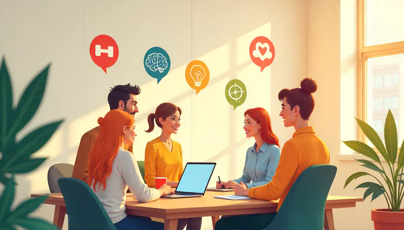 Digital agency team collaborating with icons representing the five dimensions of holistic wellness.