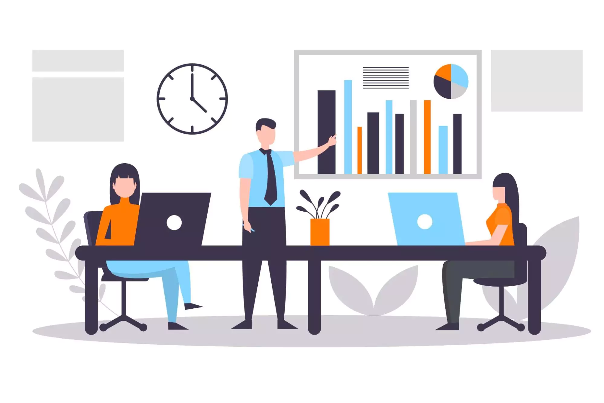 Illustration of a project management team working on a plan checklist.