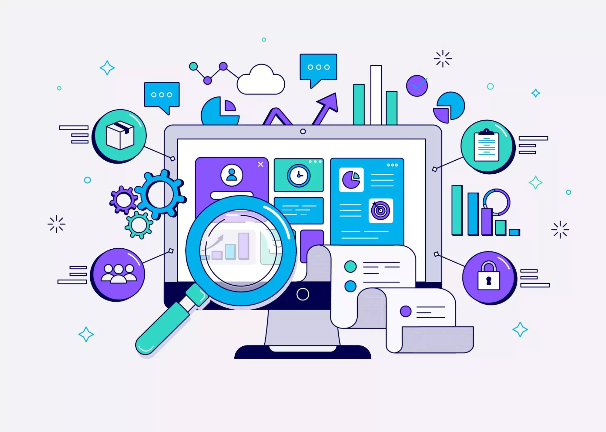 Digital marketing dashboard on a computer with graphs, gears, chat bubbles, and data icons — symbolizing digital analytics in marketing for agencies and small businesses.