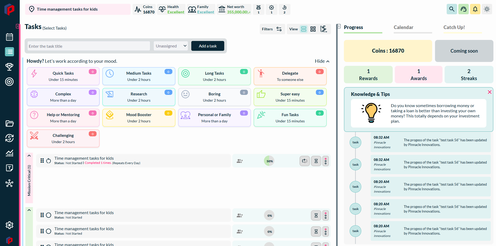 Siddhify’s dashboard with time management tasks for kids and other fun tasks for maintaining a balanced life.