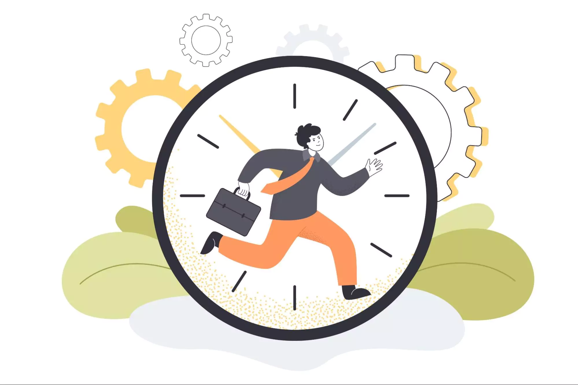 Cartoon of a man in business attire running inside a giant clock with gears in the background, illustrating the challenges of time management and the urgency of learning how to be time efficient.