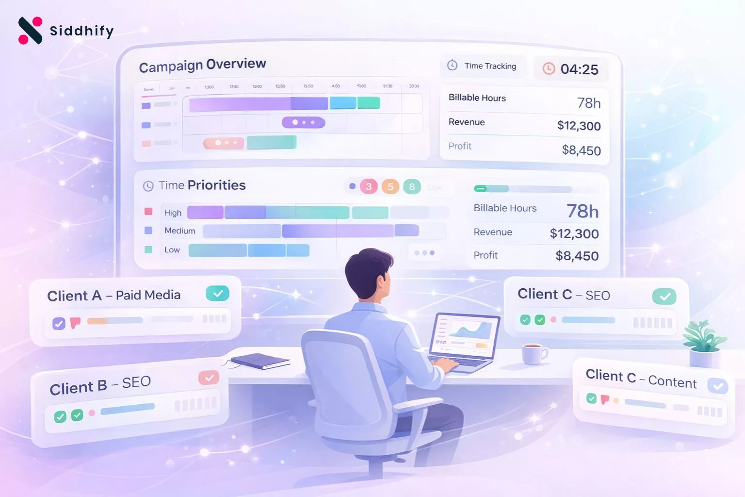 Illustration of a project management software dashboard designed for marketing agencies managing multiple client campaigns