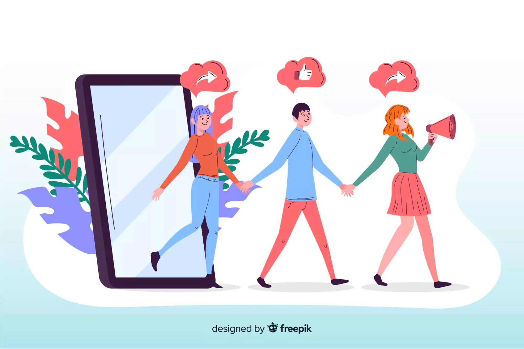 People walking with smartphones, surrounded by social media icons, illustrating client relationship management in action.
