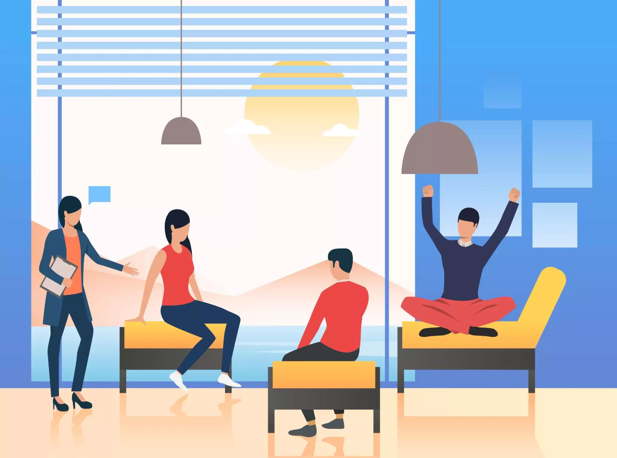 People sitting in a well-lit room, discussing corporate wellness programs, with a window and a chair visible.