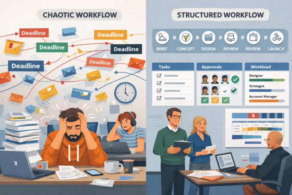 Comparison of unstructured versus structured advertising agency project management workflows.