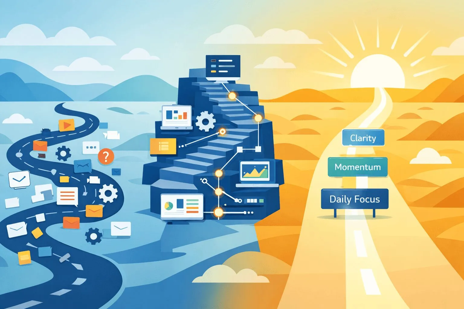 Futuristic execution engine transforming scattered goals and tasks into clear, prioritized outputs, symbolizing streamlined personal project management.