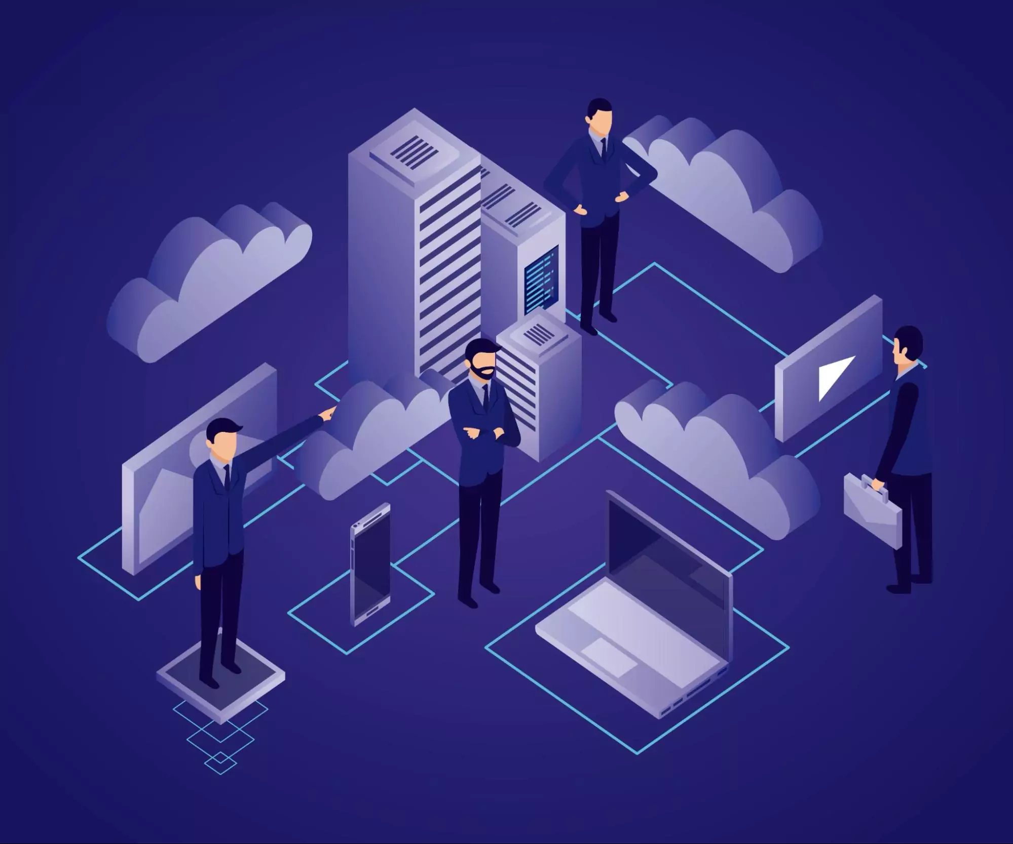 Illustration of a cloud-based office with a productivity suite.