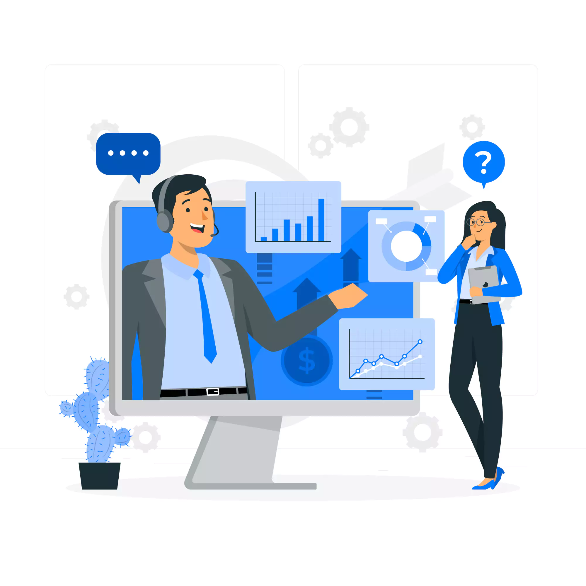 Illustration of two remote employees working in the same project management software.