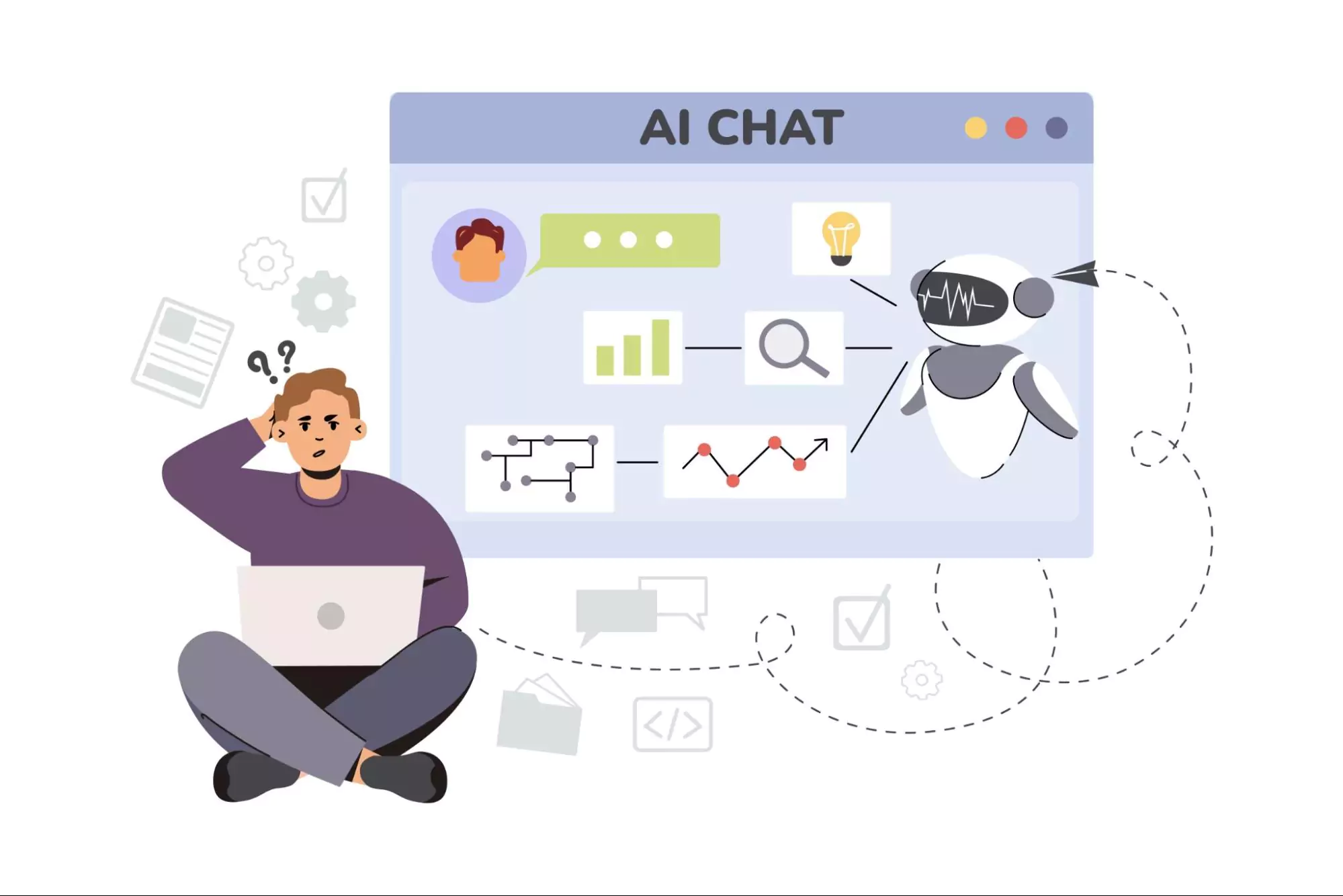 Illustration of a confused person using a laptop while interacting with an AI chatbot analyzing tasks, charts, and project data.
