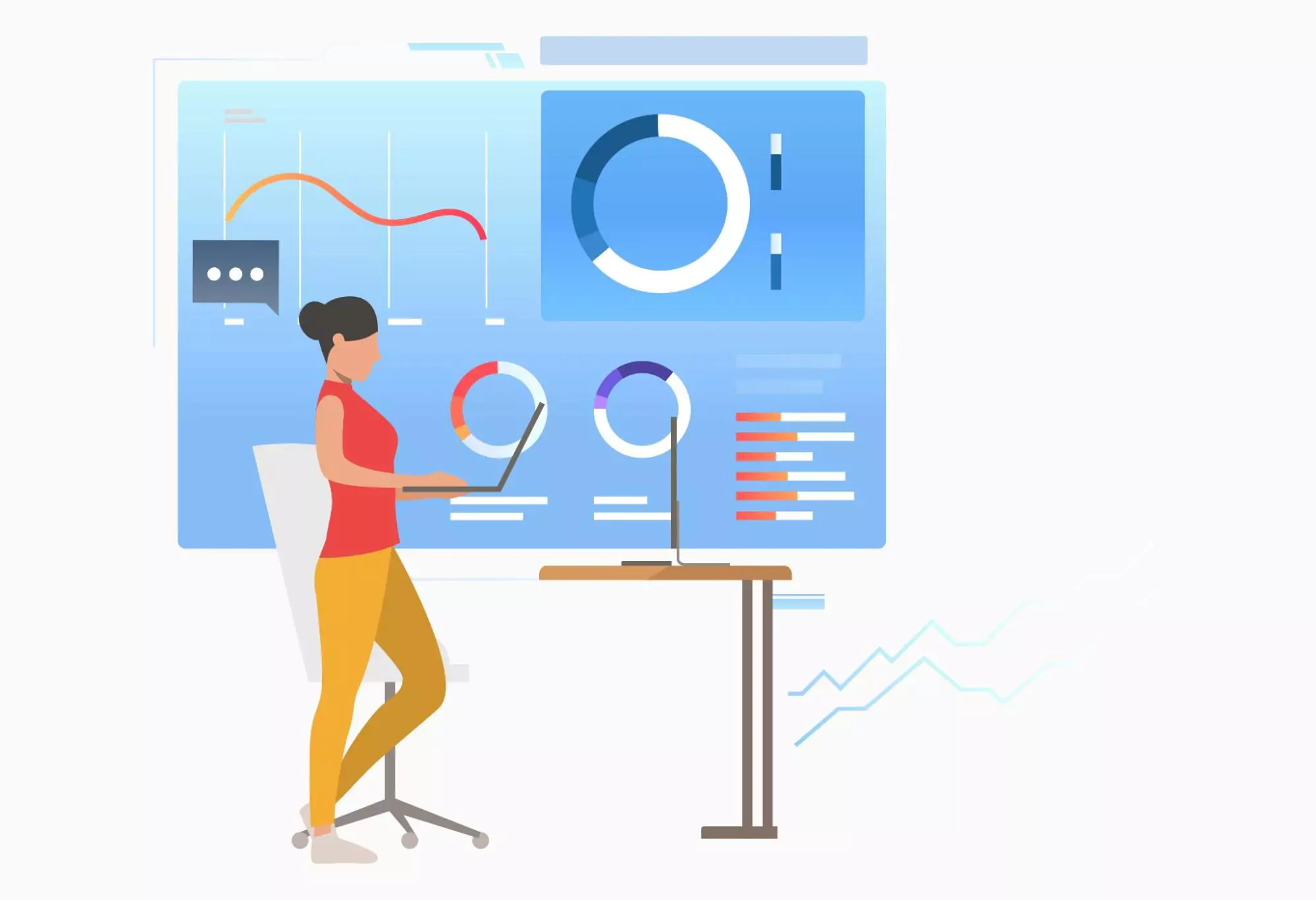 Woman analyzing charts and graphs on a large digital screen, showcasing features of the best daily planner with AI planning for digital and web agencies.