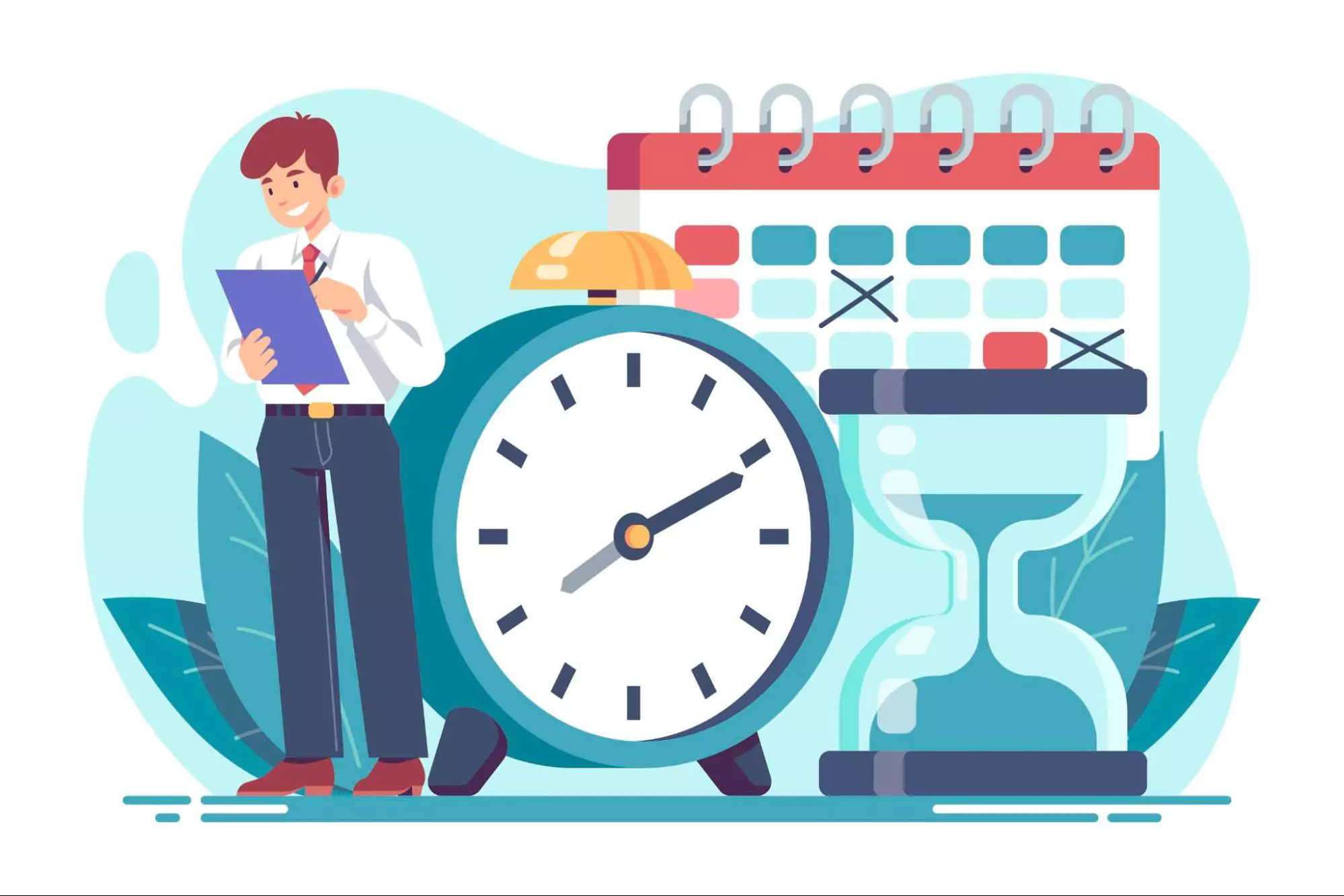 Illustration representing time management for small business owners, featuring a smiling businessman with a clipboard, a large alarm clock, a calendar with marked dates, and an hourglass, symbolizing scheduling, planning, and productivity.