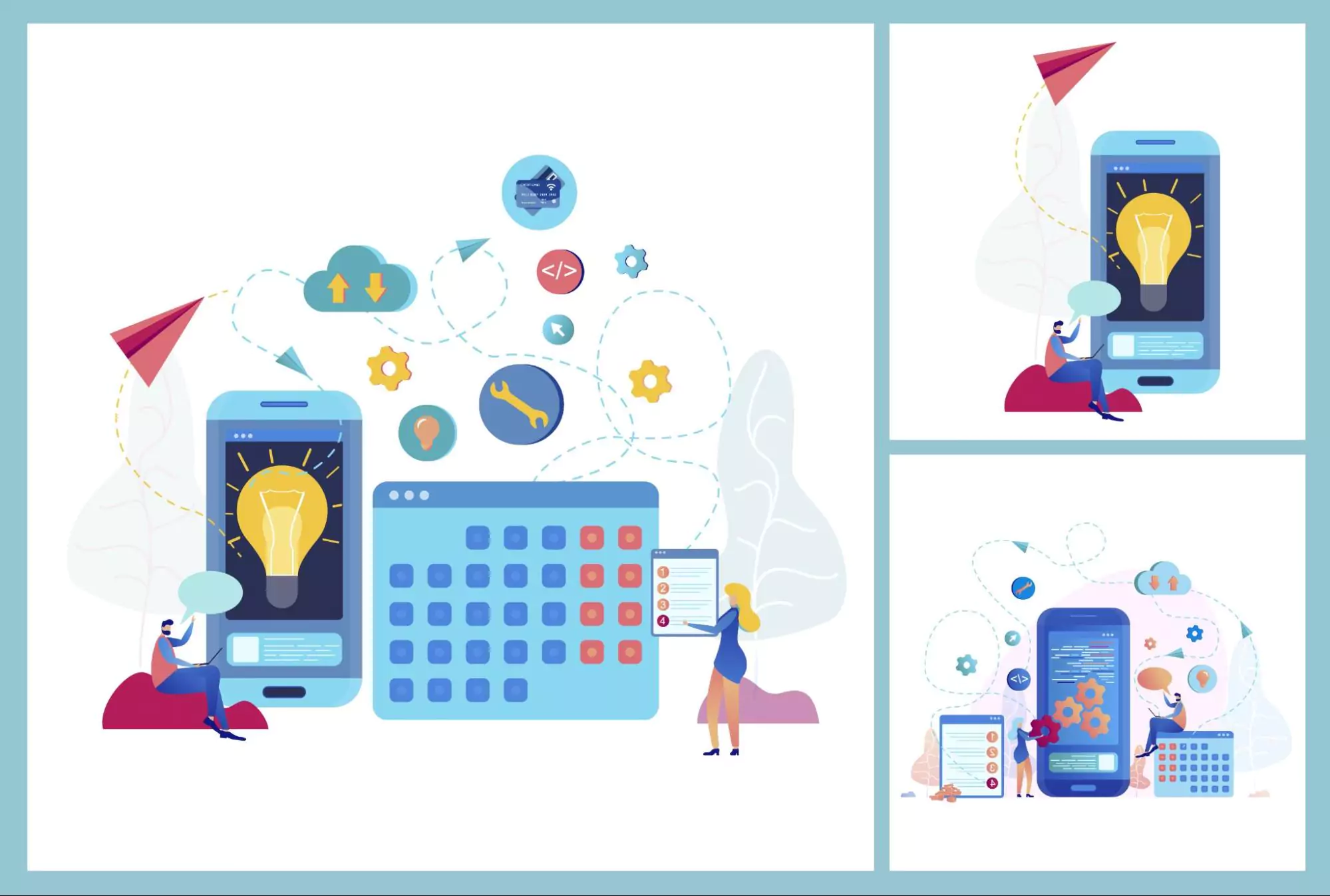 Collage of people interacting with smartphones, calendars, and digital icons like gears and paper planes — showcasing integration of free productivity tools and best free apps for productivity in project planning and task management.