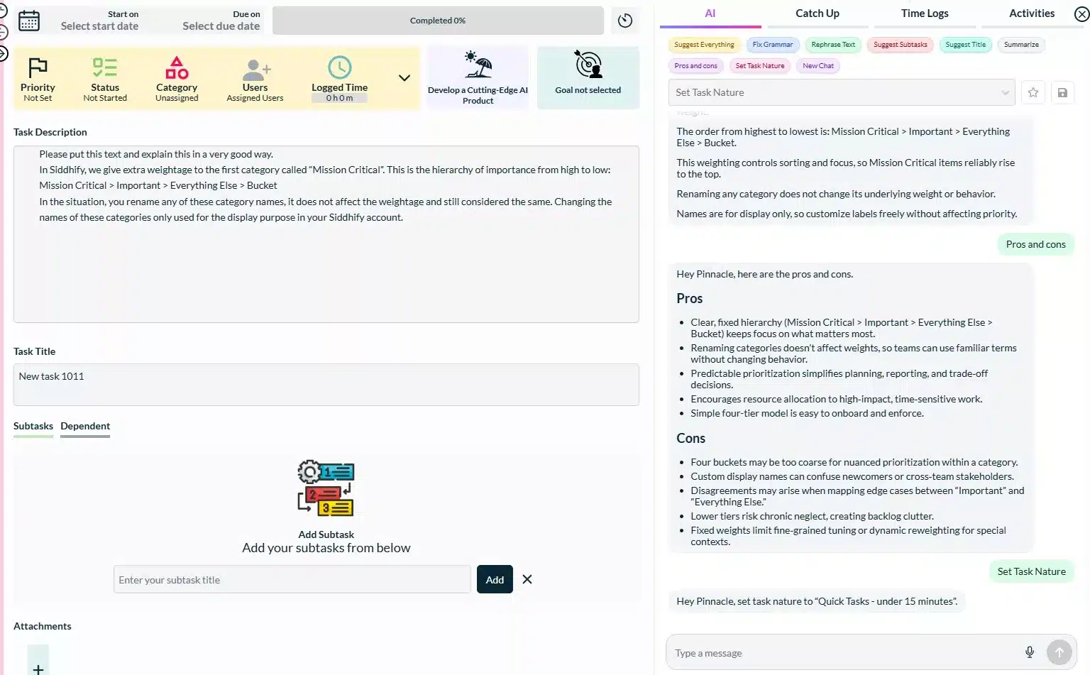 Screenshot of Siddhify AI assistant suggesting task improvements.