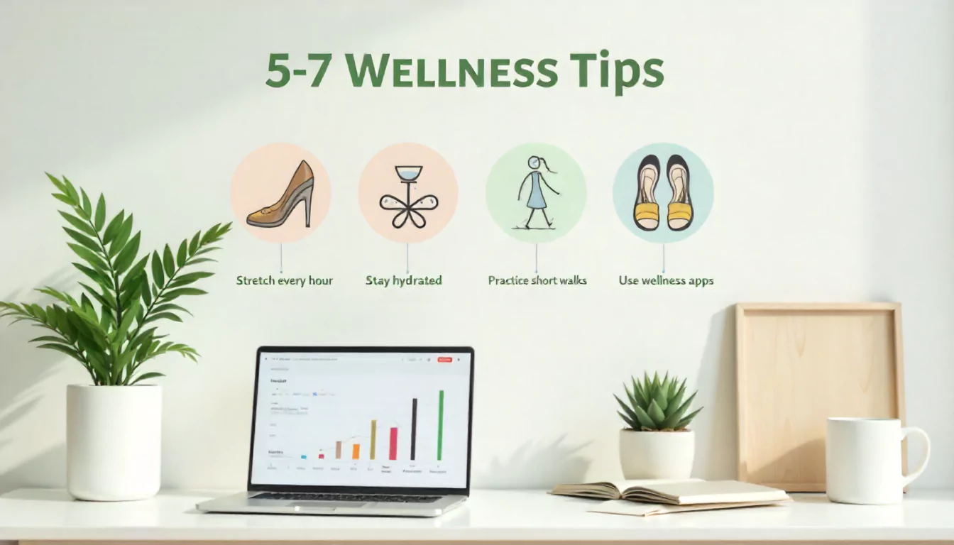 Infographic with daily health tips for employees including stretching, hydration, mindfulness, walking, and using wellness apps.