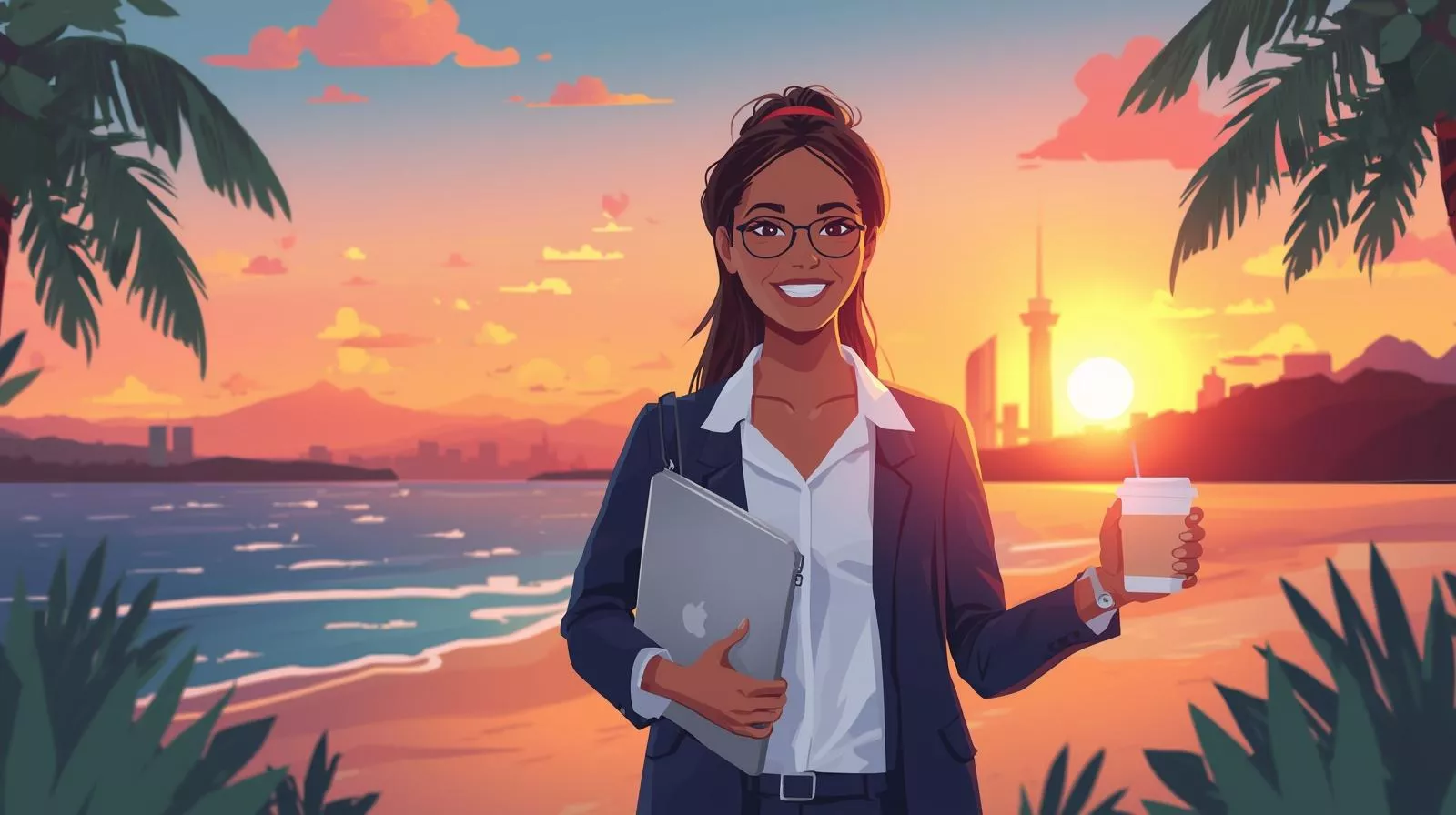 A Professional enjoying a balanced work and personal life with the city and nature in the background.